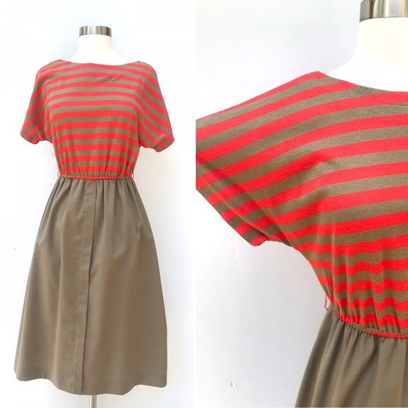 Vintage 70’s orange & tan striped mod retro minimalist dress - Picture 1 of 7